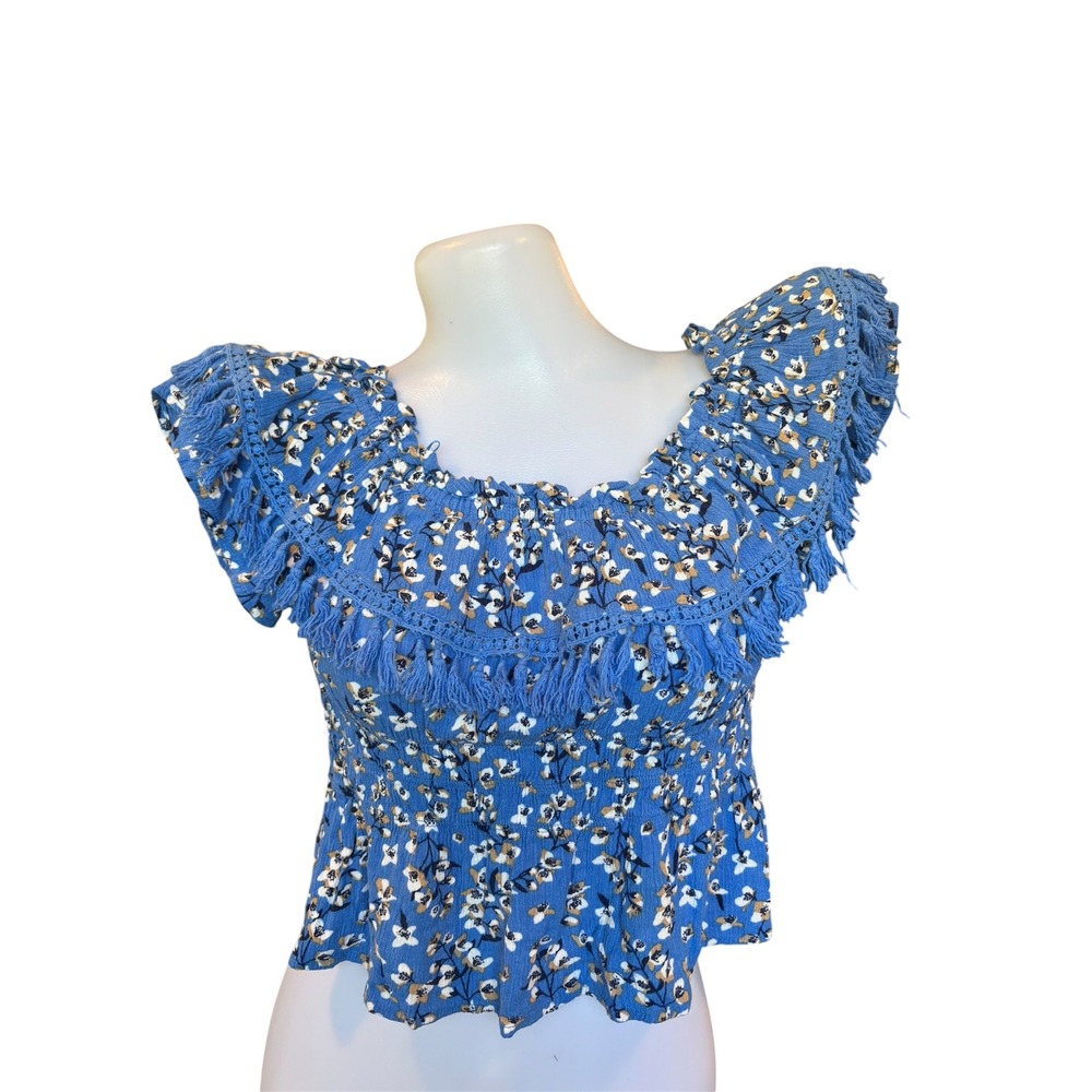 Cottagecore Blue Ditsy Floral Smocked Fringe Crop Top Boho Off Shoulder Small